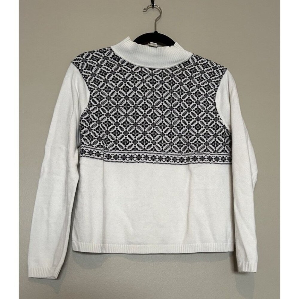 Talbots Women Petite M Sweater Black White Snowflake Turtleneck Cotton Fair Isle